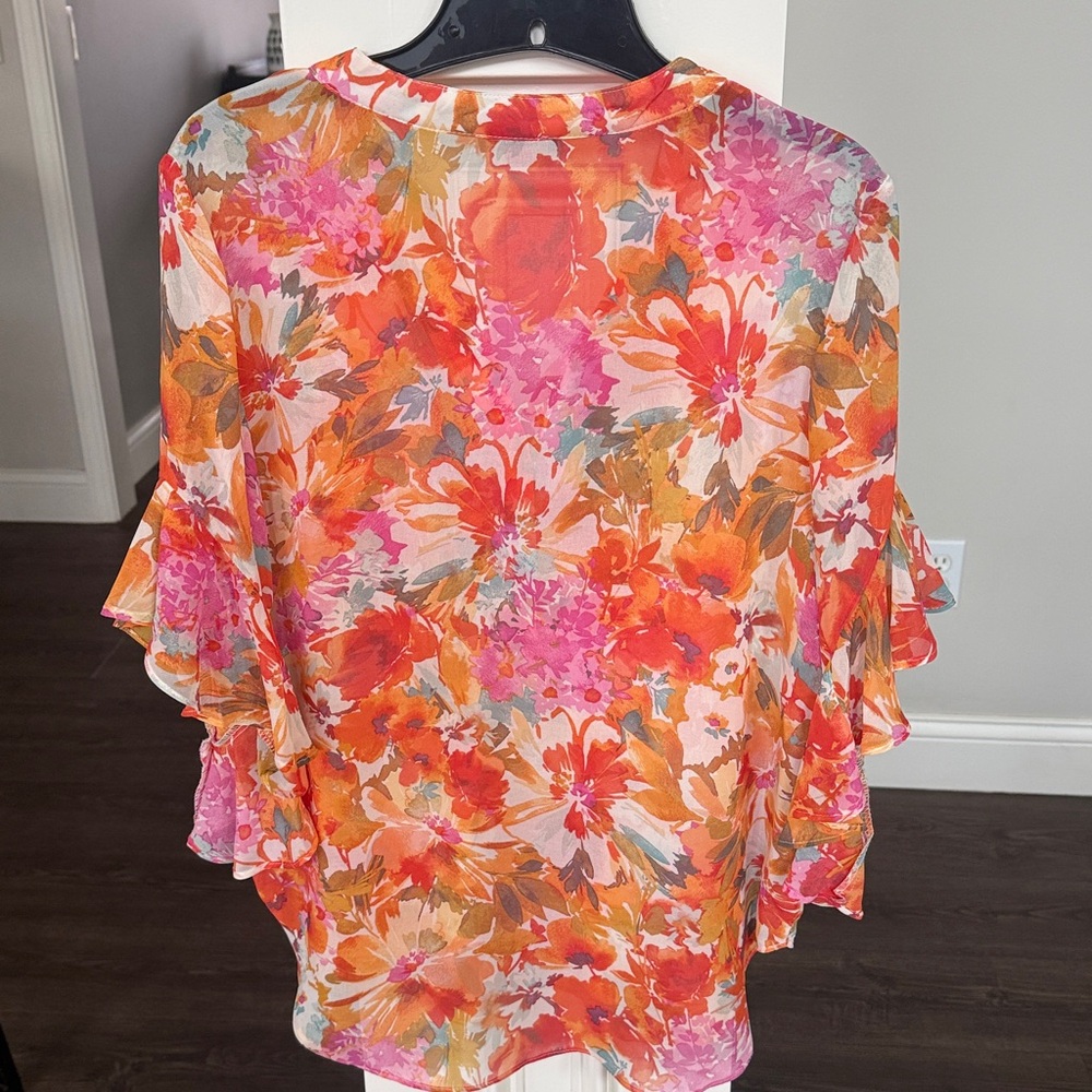 Vince Camuto Orange & Pink Floral Ruffled V-Neck Blouse Small - Picture 5 of 5